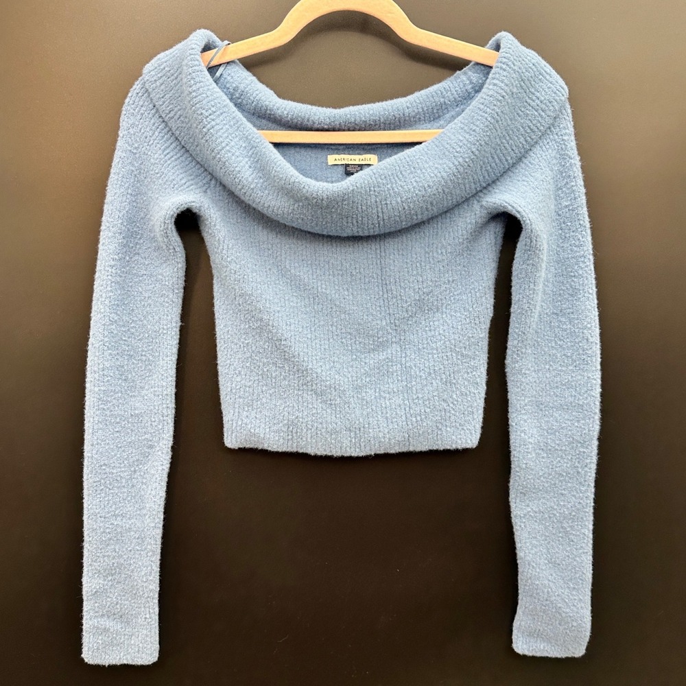 American Eagle Light Blue Off The Shoulder Ribbed Knit Cropped Sweater Small